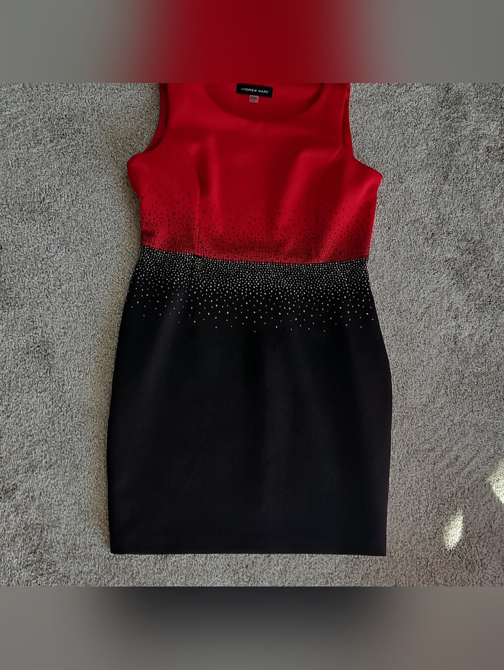 Andrew Marc Red and Black Sleeveless Mini Dress with Crystal Waist Detail